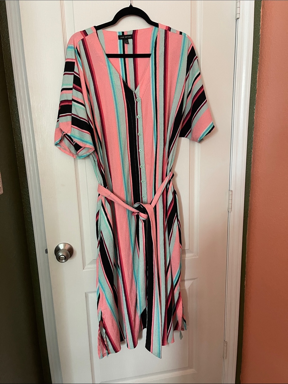 Lane Bryant Pink, Aqua & Black Striped Button-Front Midi Dress